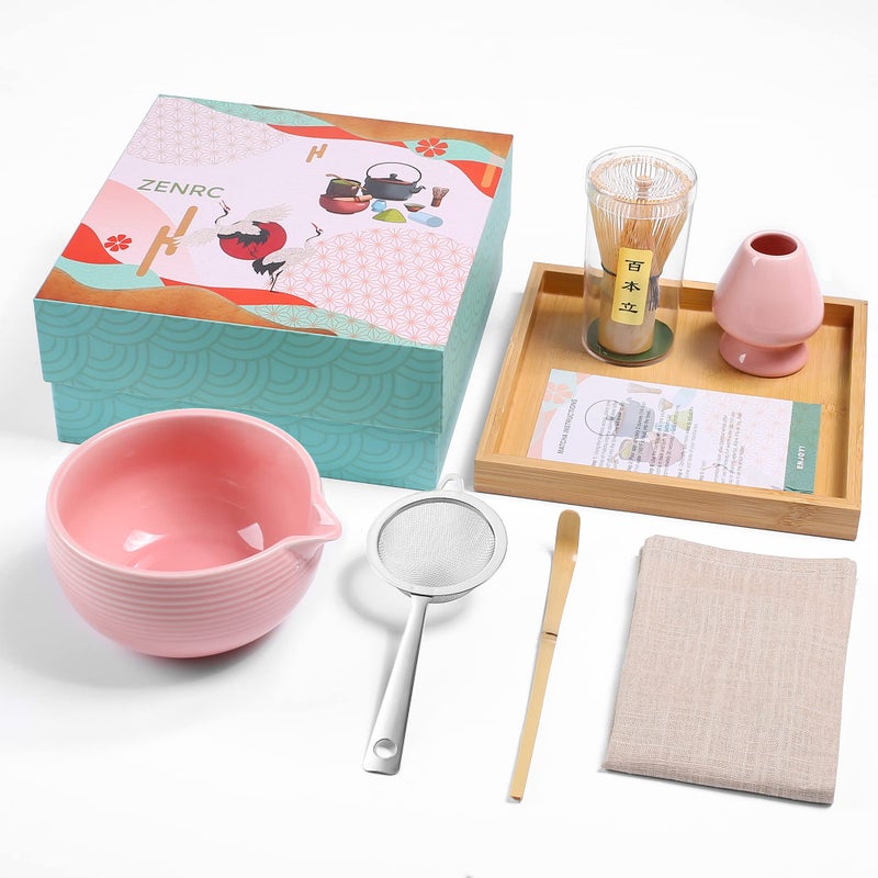 ZENRC Ceremony Matcha Kit - Traditional Bamboo Matcha Whisk (Chasen) Scoop (Chashaku) Chawan Bowl with Pouring Spout Whisk Holder Sifter Tea Tray- The Perfect Matcha Set (Baby Pink, Set of 7) - Image 1